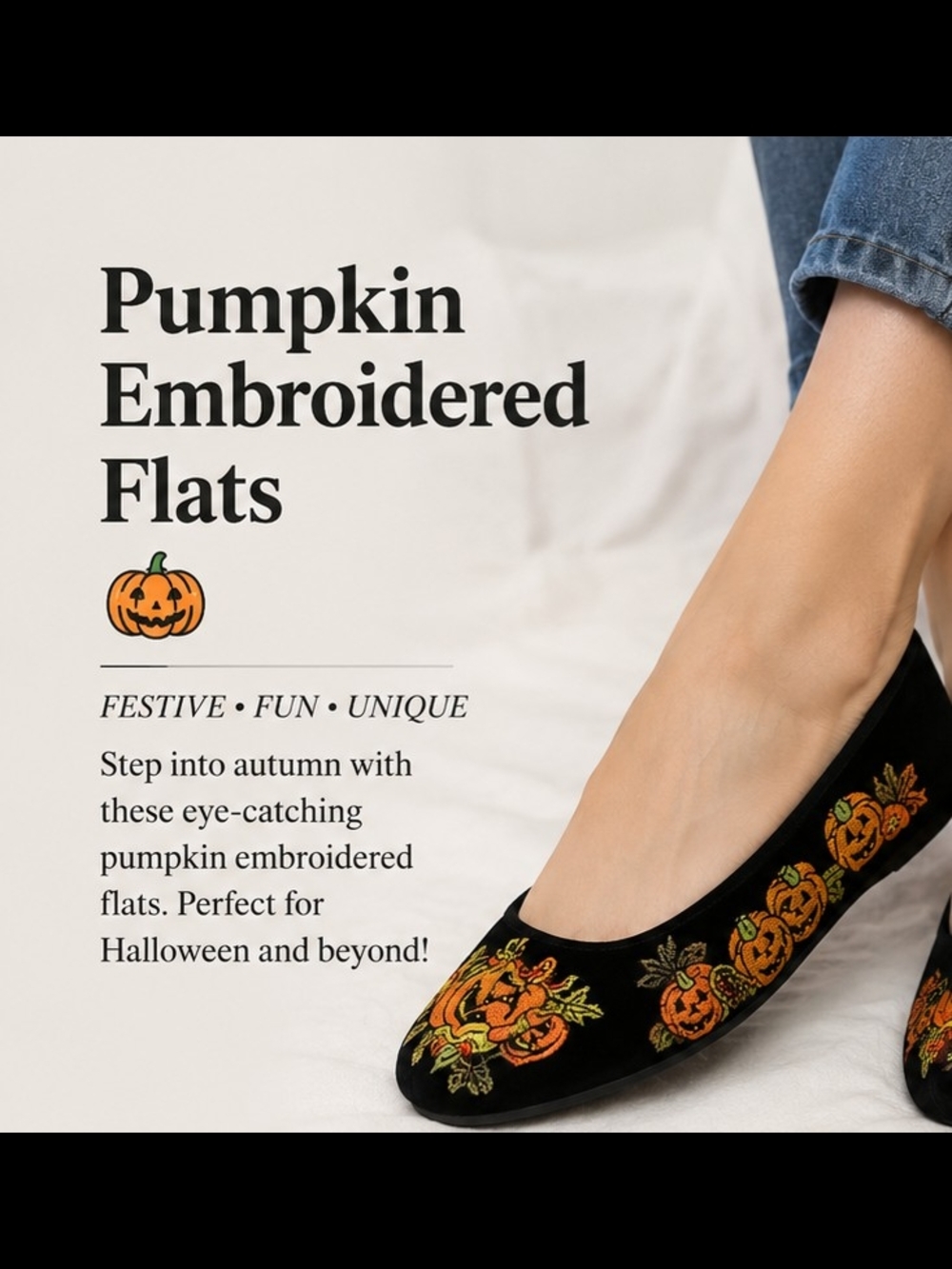 Vintage Black Pumpkin Embroidered Flats